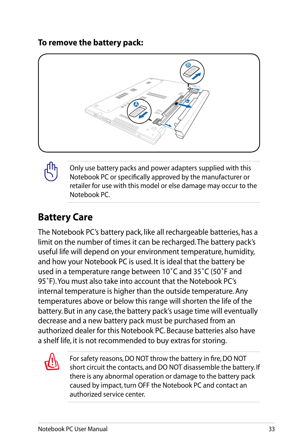 Battery care | Asus U48CB User Manual | Page 33 / 120