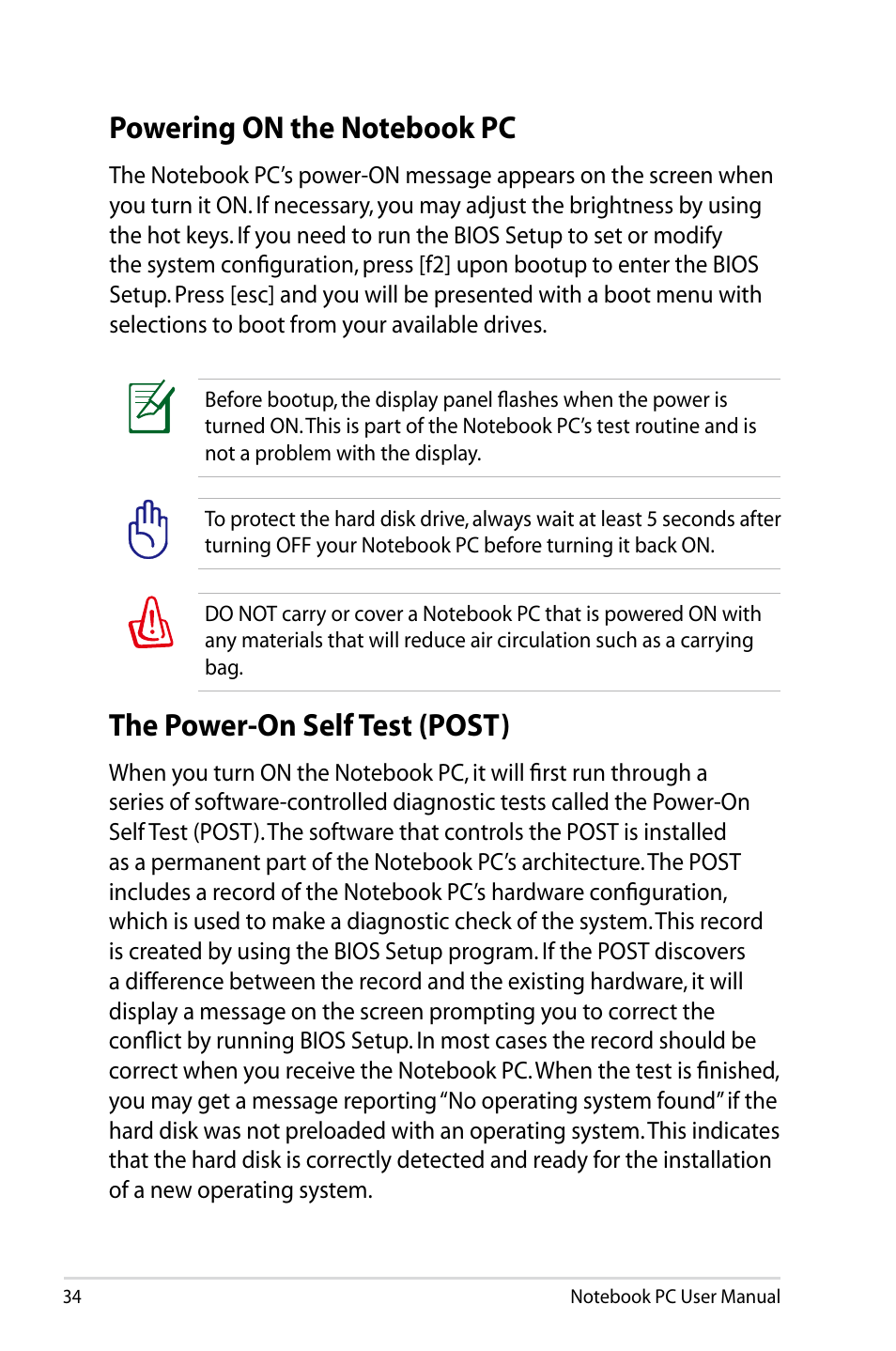 Powering on the notebook pc, The power-on self test (post) | Asus U48CB User Manual | Page 34 / 120