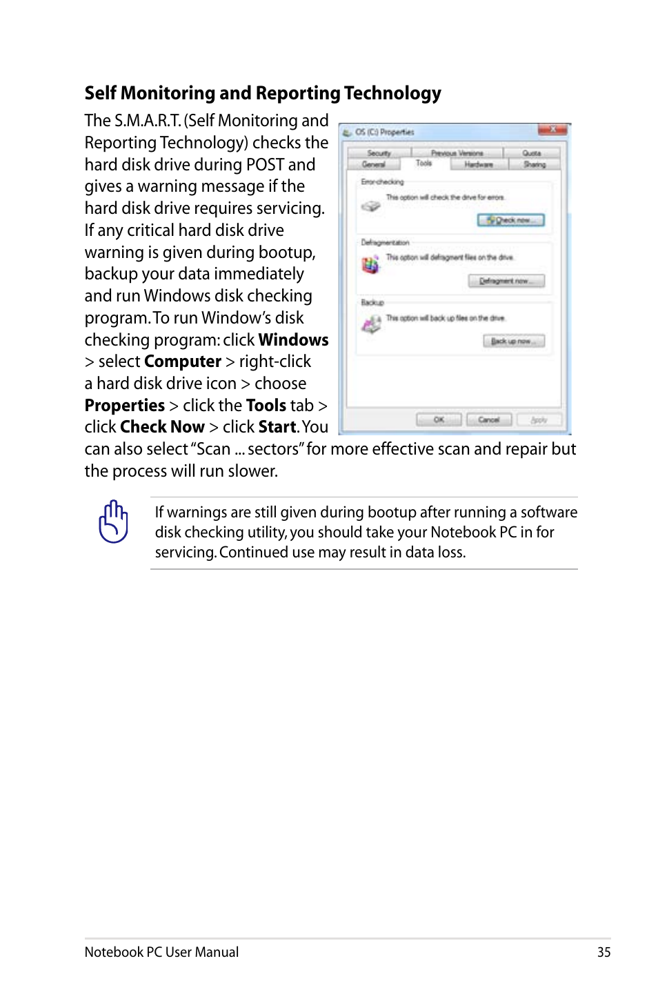 Self monitoring and reporting technology | Asus U48CB User Manual | Page 35 / 120
