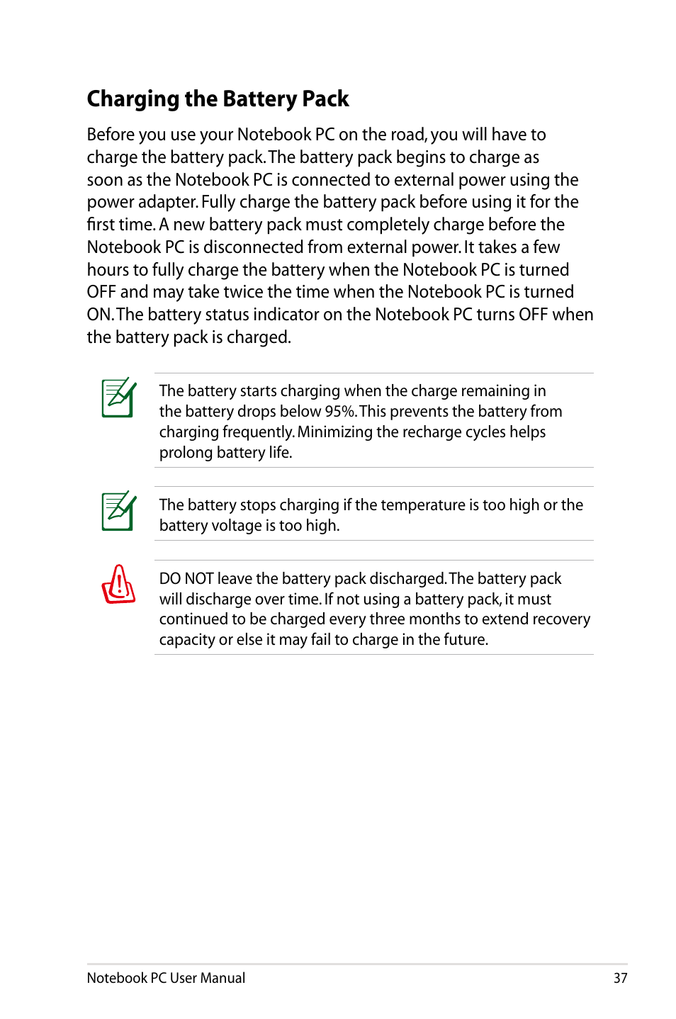 Charging the battery pack | Asus U48CB User Manual | Page 37 / 120