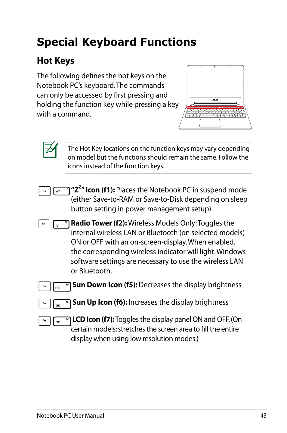 Special keyboard functions, Hot keys | Asus U48CB User Manual | Page 43 / 120