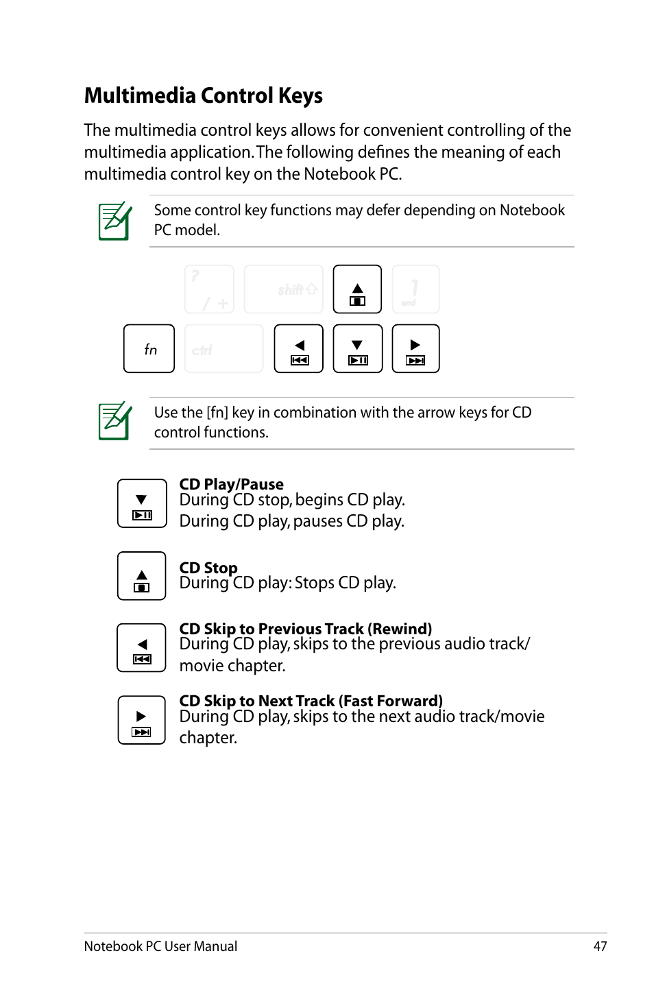 Multimedia control keys | Asus U48CB User Manual | Page 47 / 120