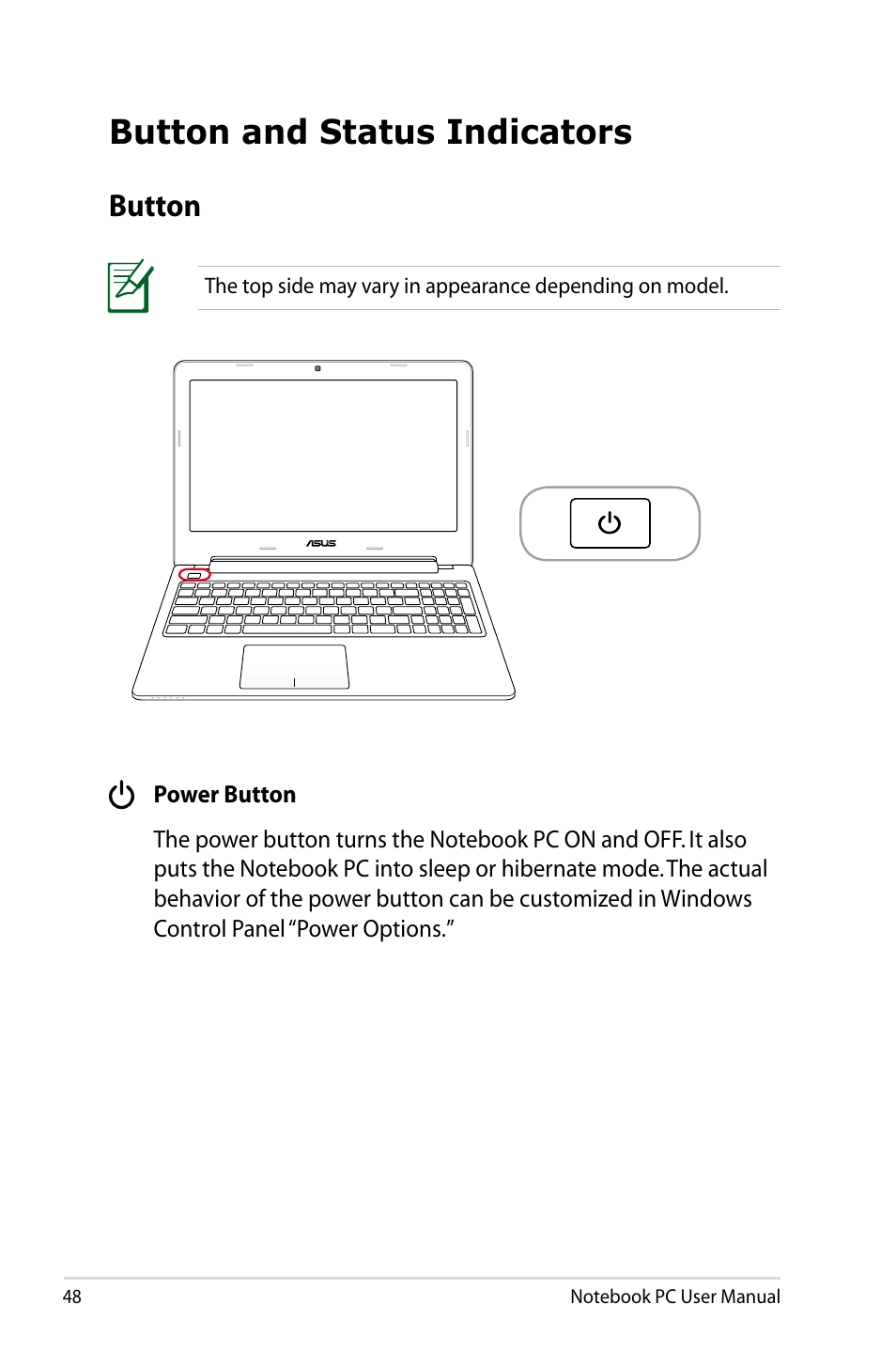 Button and status indicators, Button | Asus U48CB User Manual | Page 48 / 120