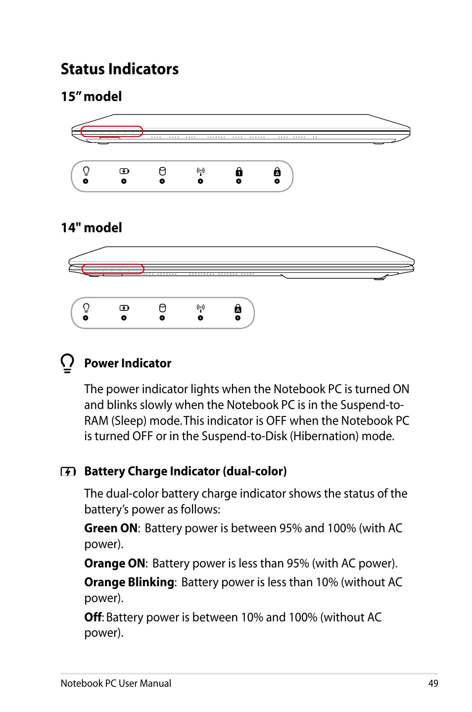 Status indicators | Asus U48CB User Manual | Page 49 / 120