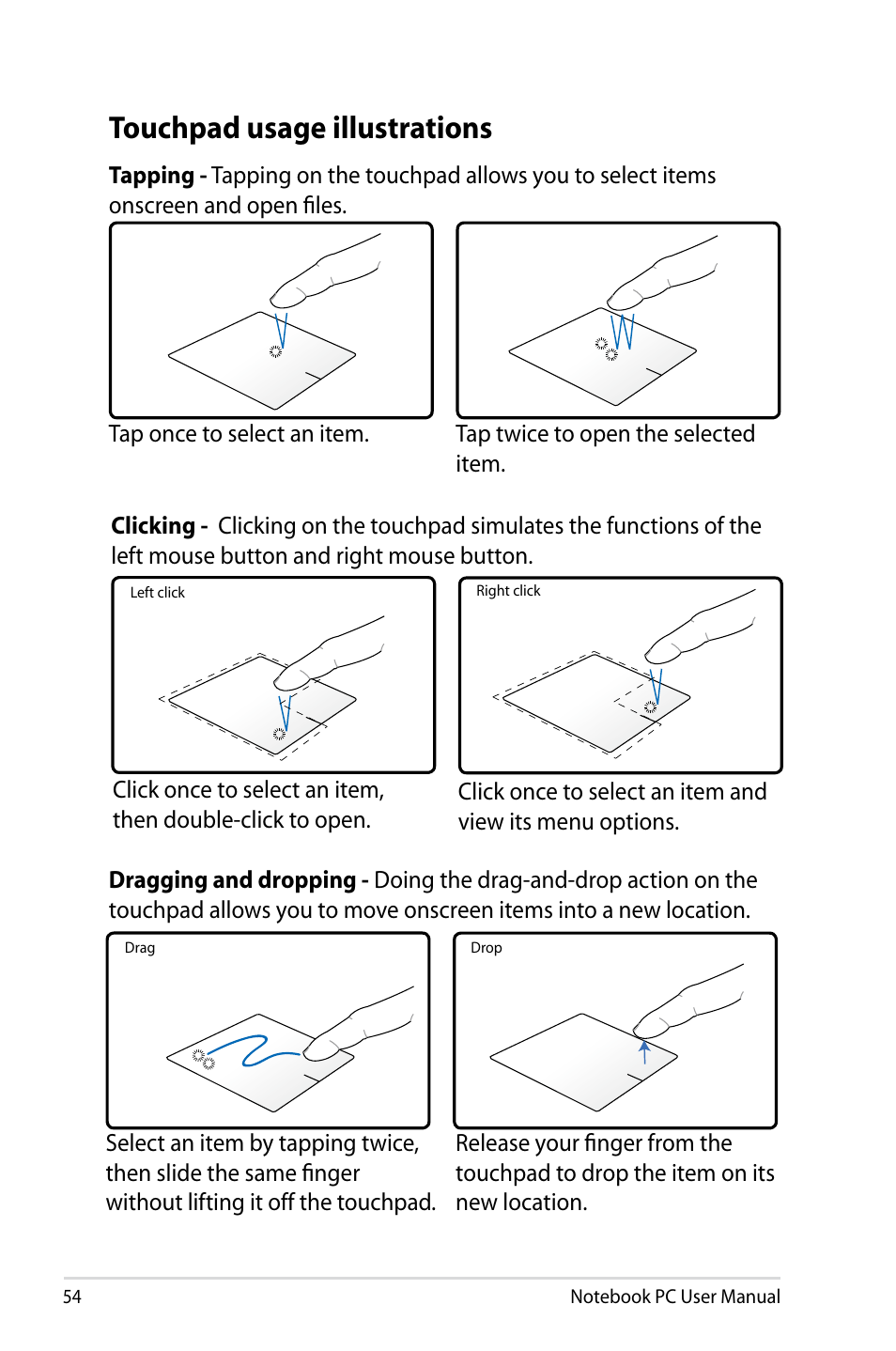 Touchpad usage illustrations | Asus U48CB User Manual | Page 54 / 120