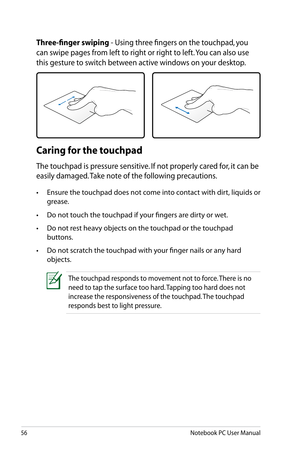 Caring for the touchpad | Asus U48CB User Manual | Page 56 / 120