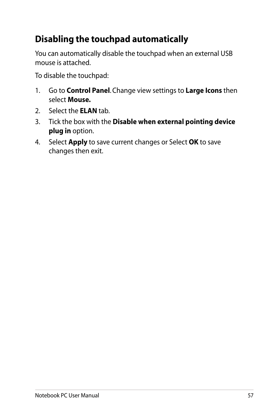 Disabling the touchpad automatically | Asus U48CB User Manual | Page 57 / 120