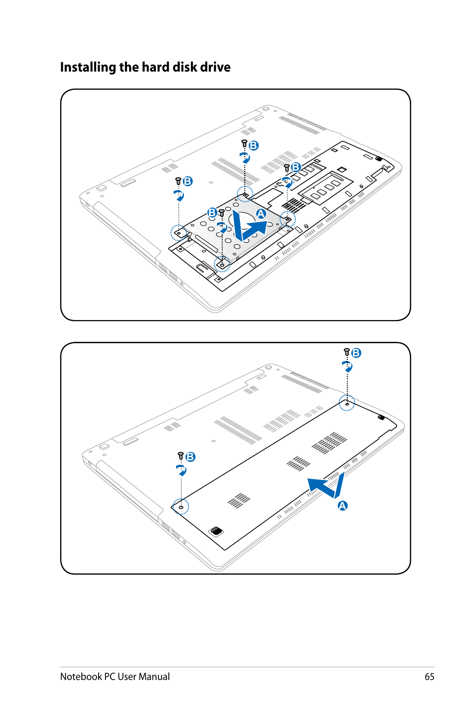 Installing the hard disk drive | Asus U48CB User Manual | Page 65 / 120