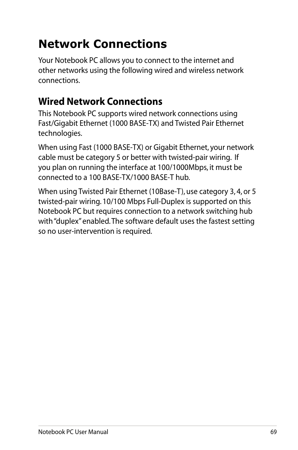 Network connections, Wired network connections | Asus U48CB User Manual | Page 69 / 120