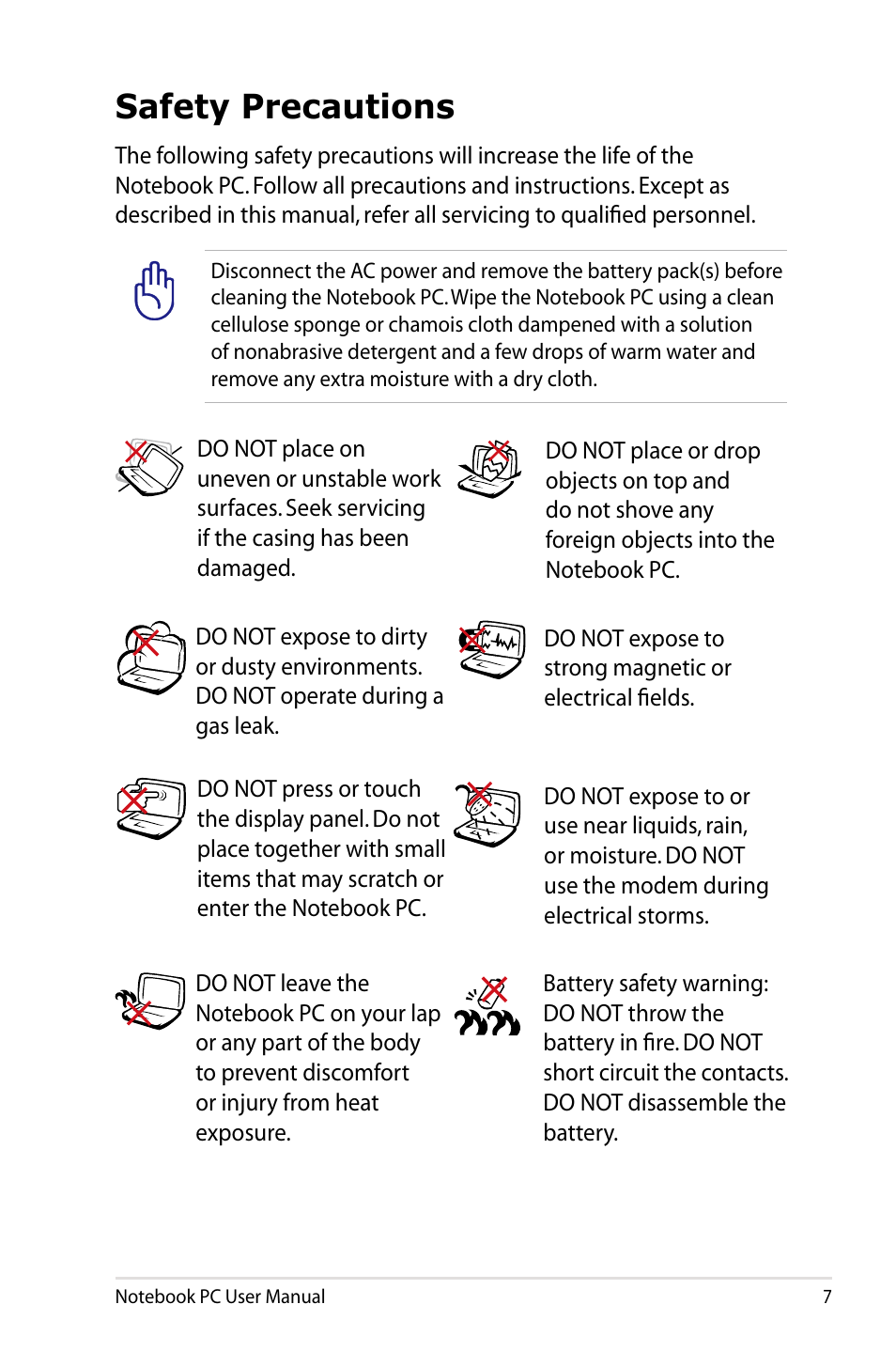Safety precautions | Asus U48CB User Manual | Page 7 / 120