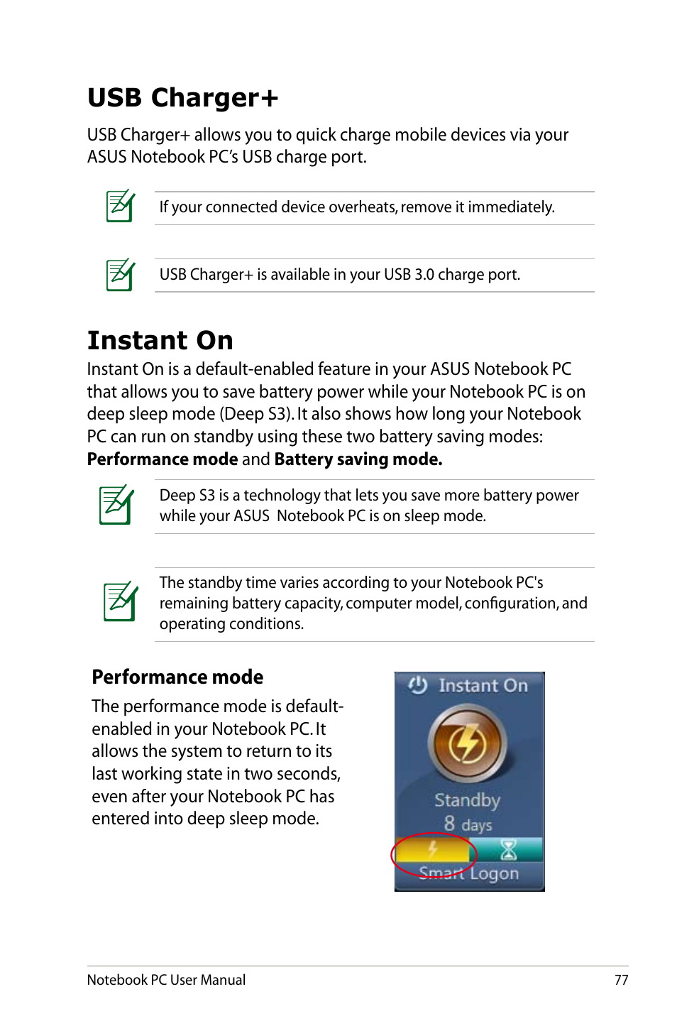 Usb charger, Instant on, Usb charger+ instant on | Performance mode | Asus U48CB User Manual | Page 77 / 120