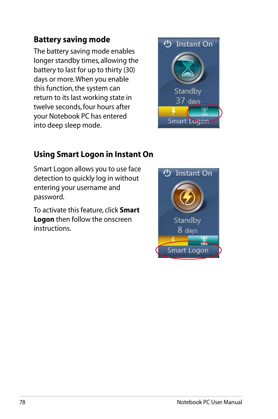 Battery saving mode, Using smart logon in instant on | Asus U48CB User Manual | Page 78 / 120