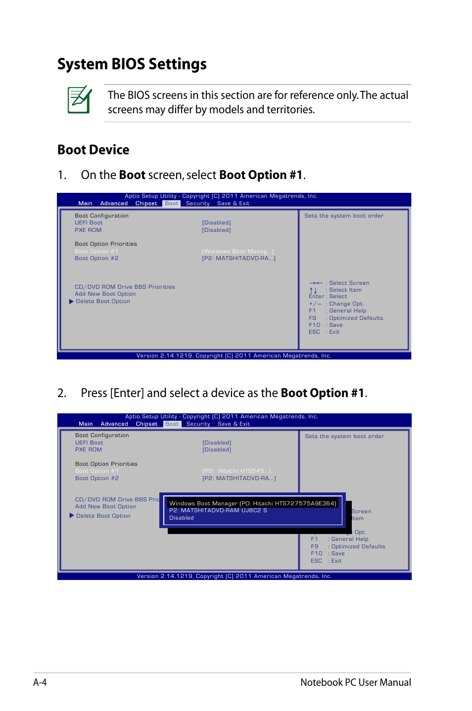 System bios settings, Boot device, On the boot screen, select boot option #1 | Asus U48CB User Manual | Page 82 / 120