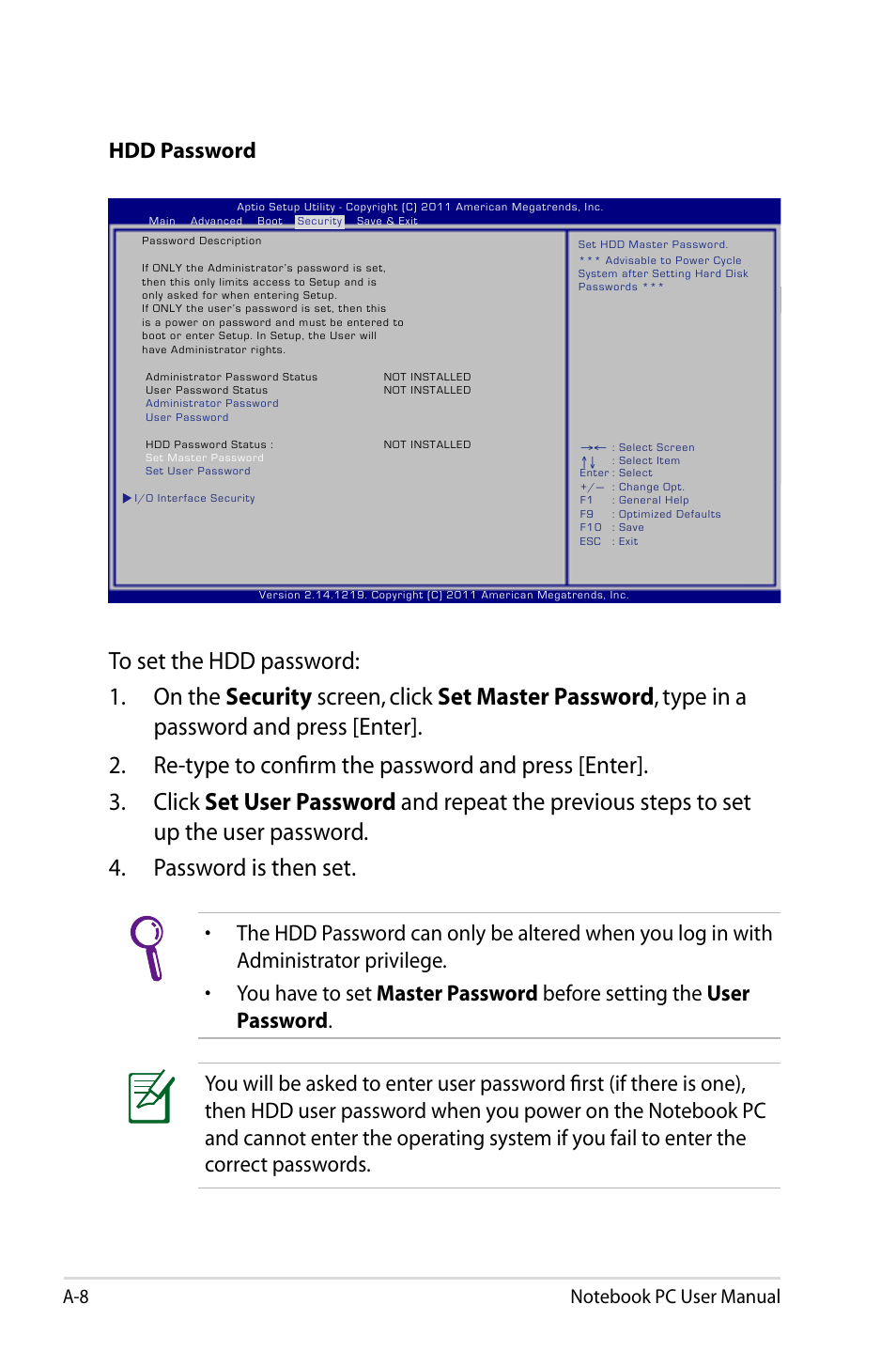 Hdd password | Asus U48CB User Manual | Page 86 / 120