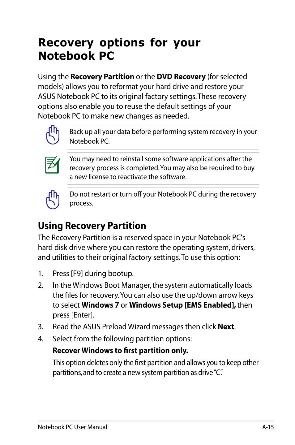 Recovery options for your notebook pc, Using recovery partition | Asus U48CB User Manual | Page 93 / 120