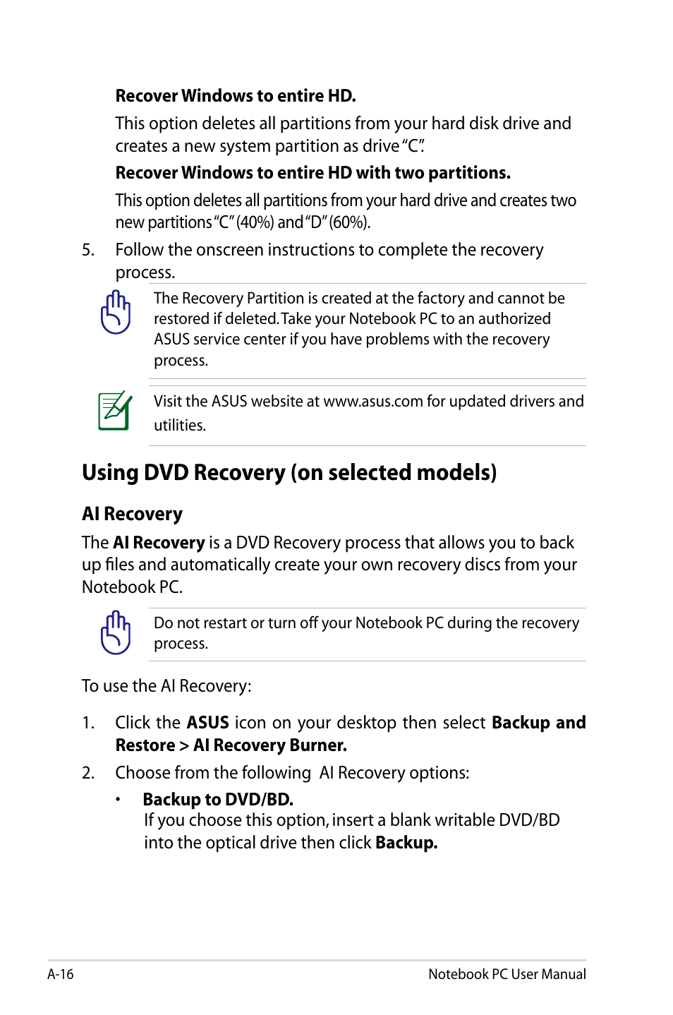 Using dvd recovery (on selected models) | Asus U48CB User Manual | Page 94 / 120
