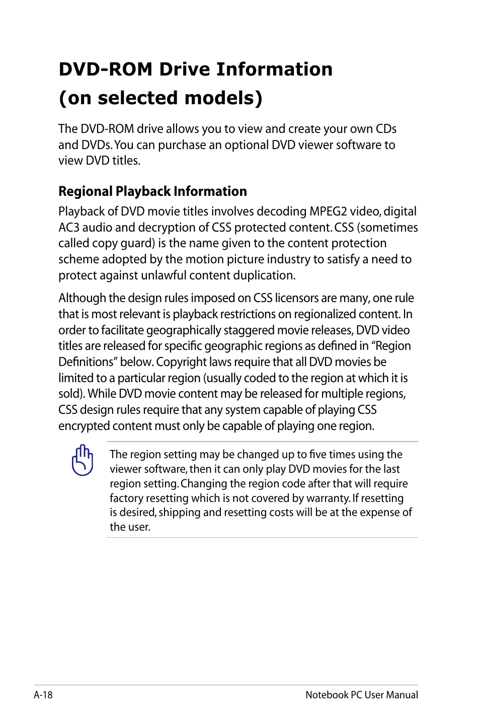 Dvd-rom drive information, On selected models), Dvd-rom drive information (on selected models) | Asus U48CB User Manual | Page 96 / 120