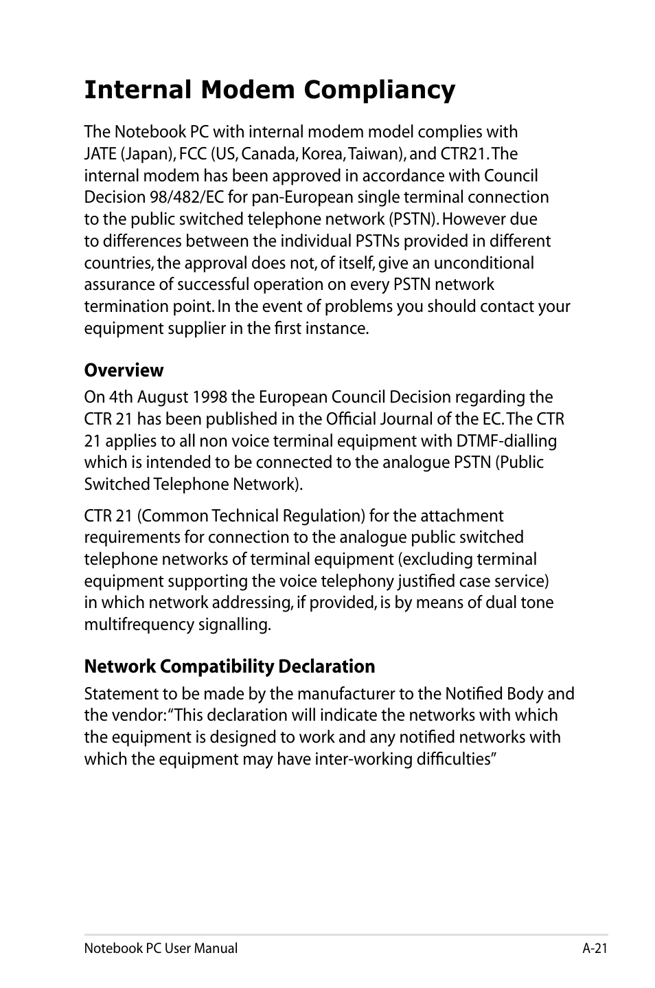Internal modem compliancy | Asus U48CB User Manual | Page 99 / 120