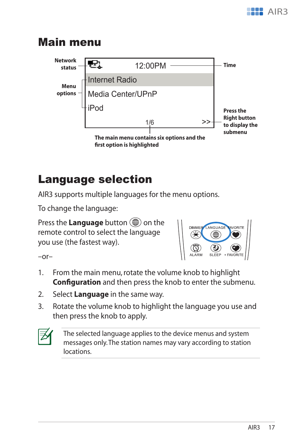 Main menu, Language selection, Main.menu language.selection | Language selec��on, Ma�n menu, Air3 | Asus AIR3 User Manual | Page 17 / 38