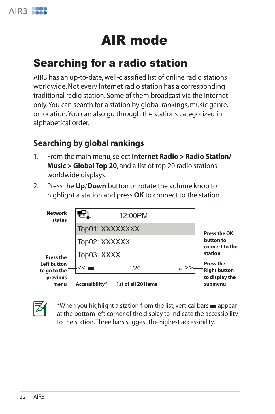Air mode, Searching for a radio station, Searching by global rankings | Air.mode, Searching.for.a.radio.station, Searching.by.global.rankings, Air mo��e, Searc���ng for a ra���o s�a��on, Air3 | Asus AIR3 User Manual | Page 22 / 38