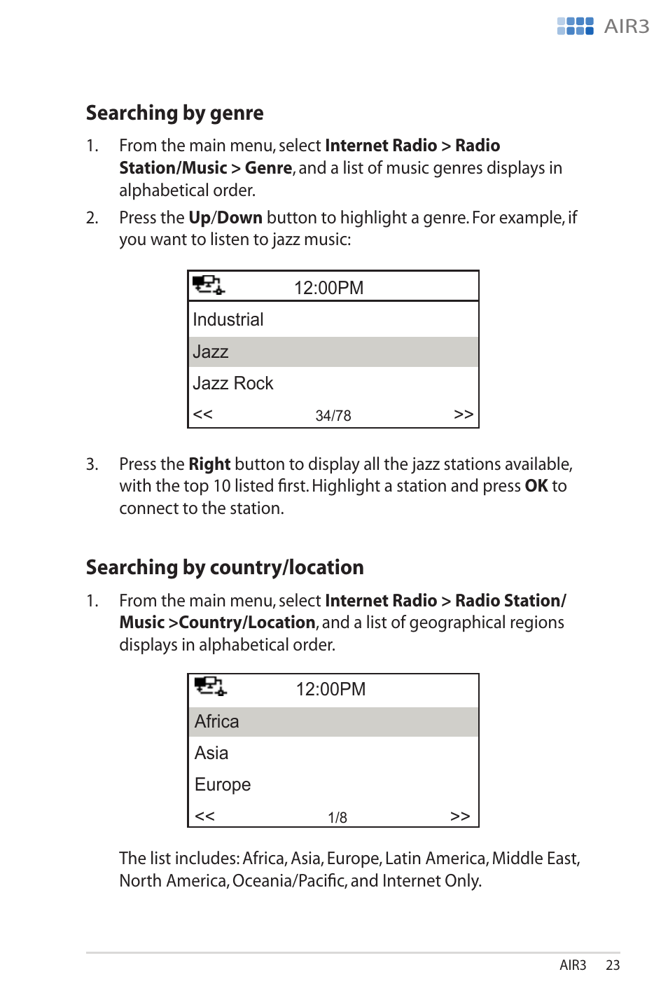 Searching by genre, Searching by country/location, Searching.by.genre searching.by.country/location | Searching.by.genre, Searching.by.country/location | Asus AIR3 User Manual | Page 23 / 38