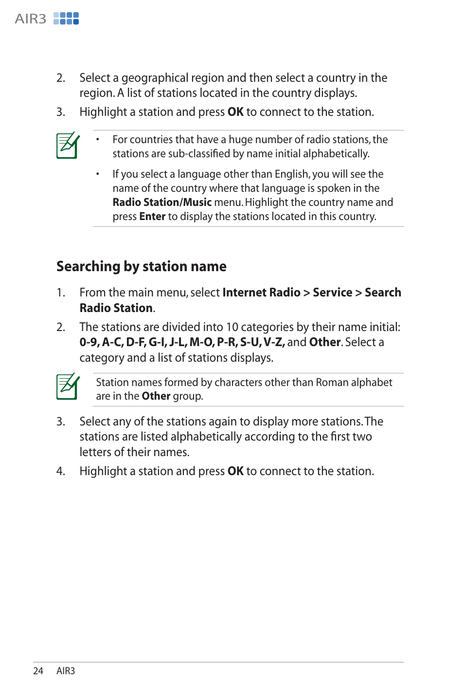 Searching by station name, Searching.by.station.name, Air3 | Asus AIR3 User Manual | Page 24 / 38