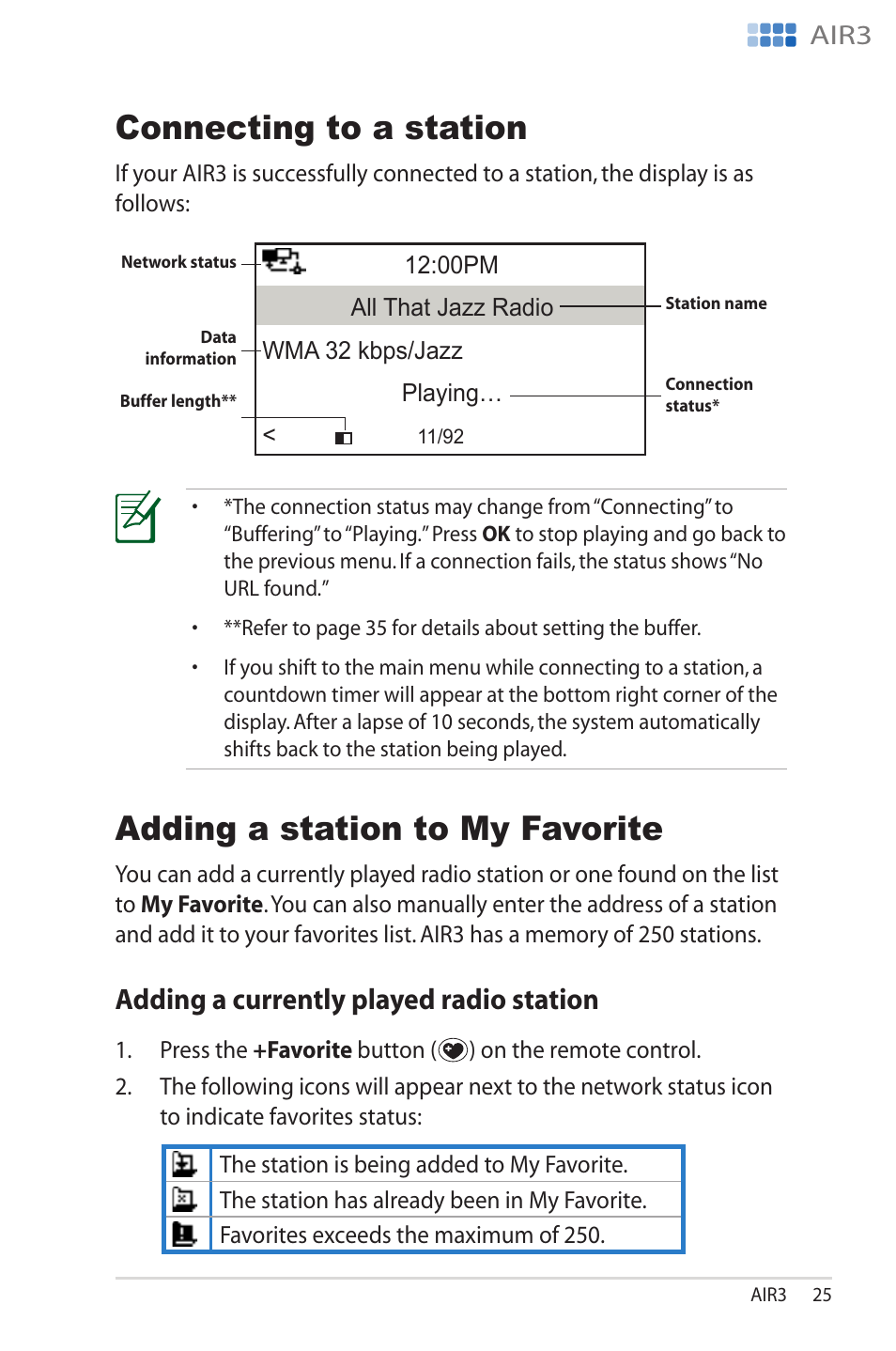 Connecting to a station, Adding a station to my favorite, Adding a currently played radio station | Adding.a.currently.played.radio.station, Connec��ng �o a s�a��on, A�����ng a s�a��on �o my favor��e, Air3 | Asus AIR3 User Manual | Page 25 / 38