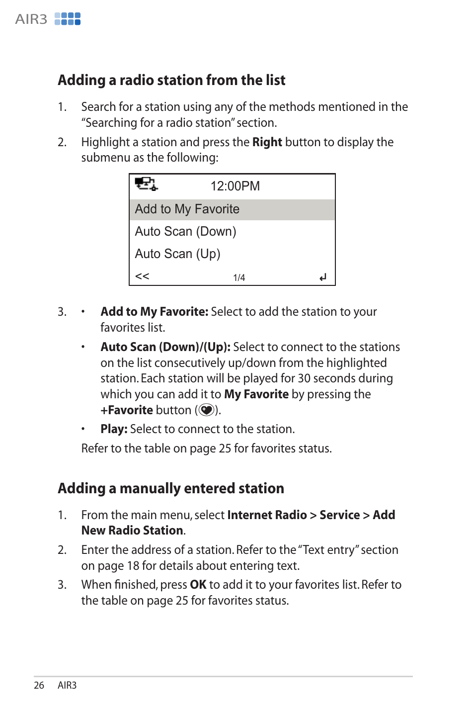 Adding a radio station from the list, Adding a manually entered station, Adding.a.radio.station.from.the.list | Adding.a.manually.entered.station | Asus AIR3 User Manual | Page 26 / 38