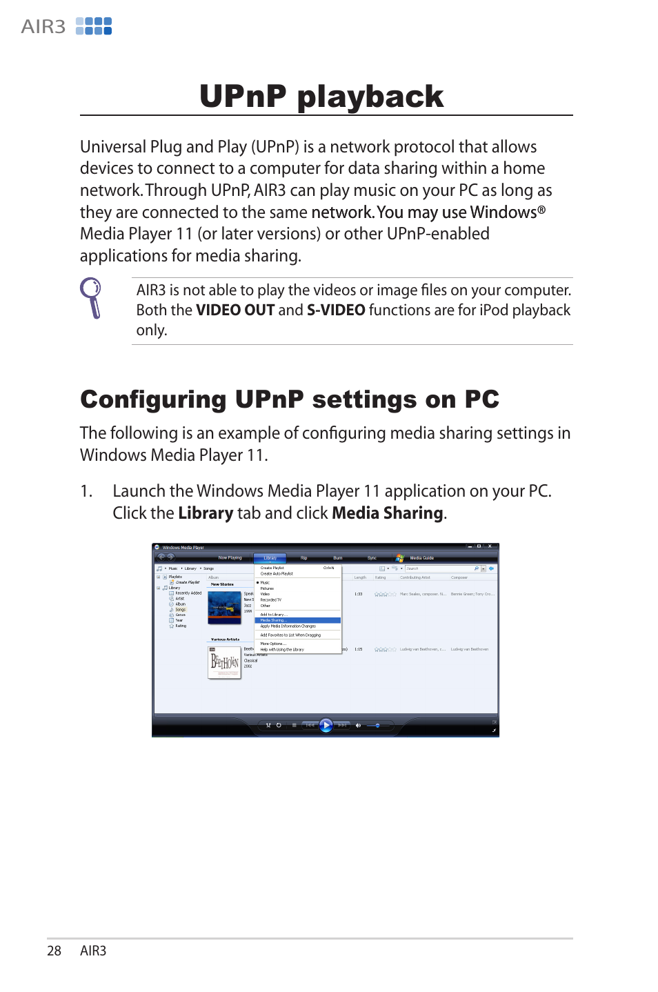 Upnp playback, Configuring upnp settings on pc, Upnp.playback | Configuring.upnp.settings.on.pc, U�n� playback | Asus AIR3 User Manual | Page 28 / 38