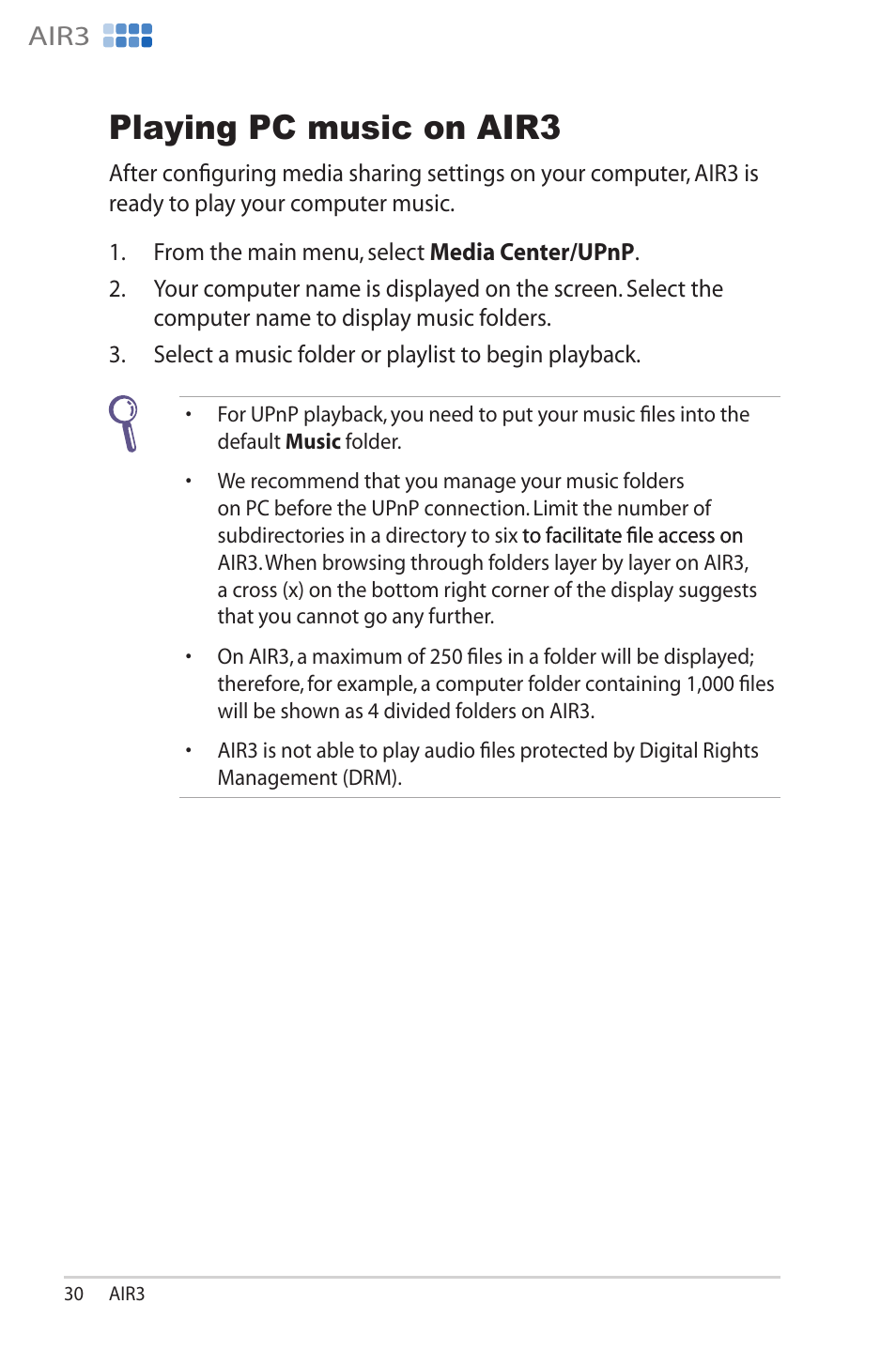 Playing pc music on air3, Playing.pc.music.on.air3, Air3 | Asus AIR3 User Manual | Page 30 / 38