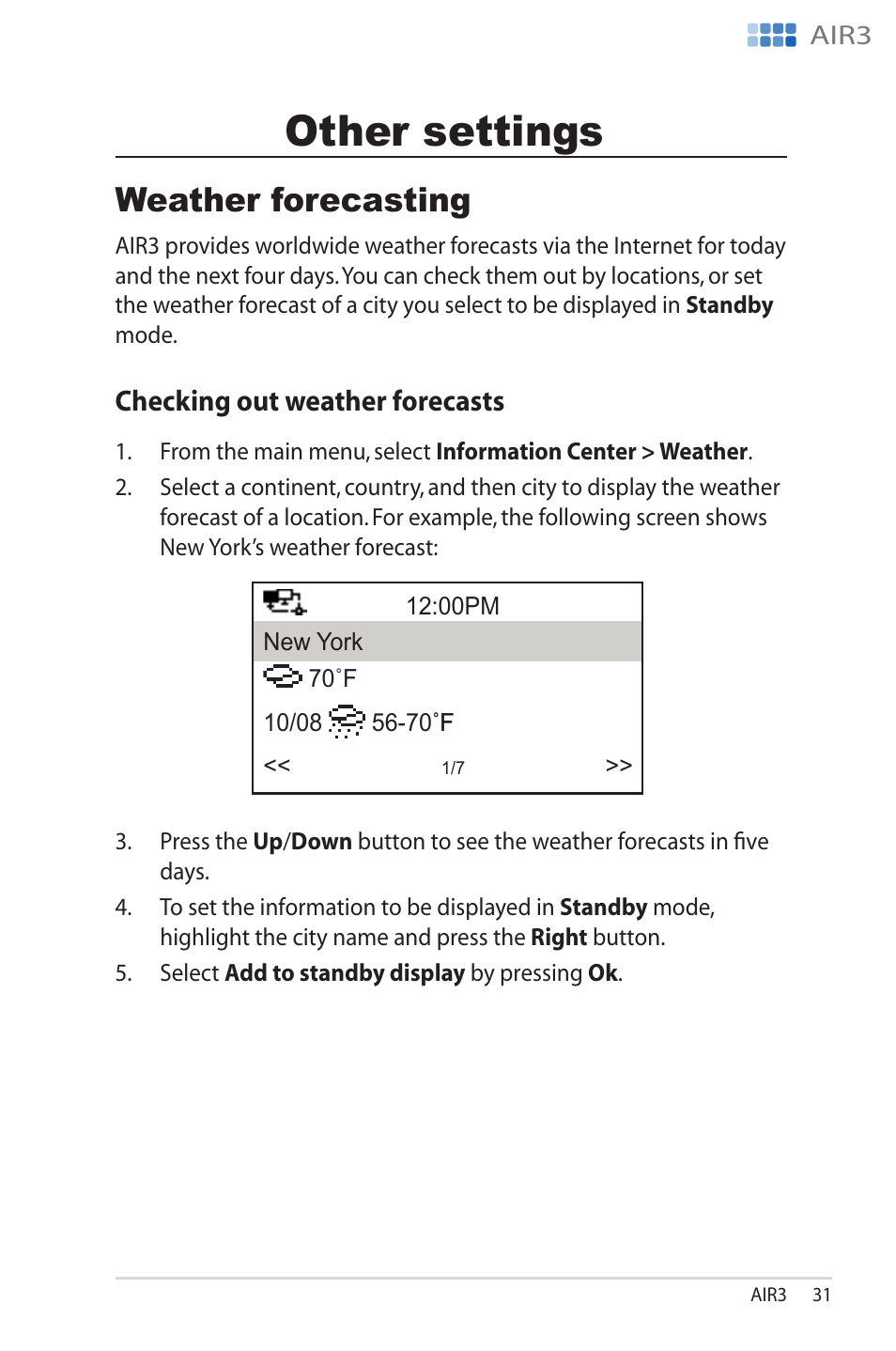 Other settings, Weather forecasting, Checking out weather forecasts | Other.settings, Weather.forecasting, Checking.out.weather.forecasts, O���er se���ngs, Wea���er forecas��ng | Asus AIR3 User Manual | Page 31 / 38