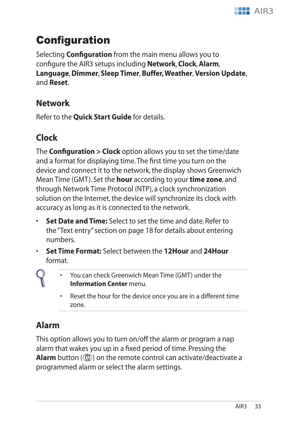 Configuration, Network, Clock | Alarm, Network clock alarm | Asus AIR3 User Manual | Page 33 / 38