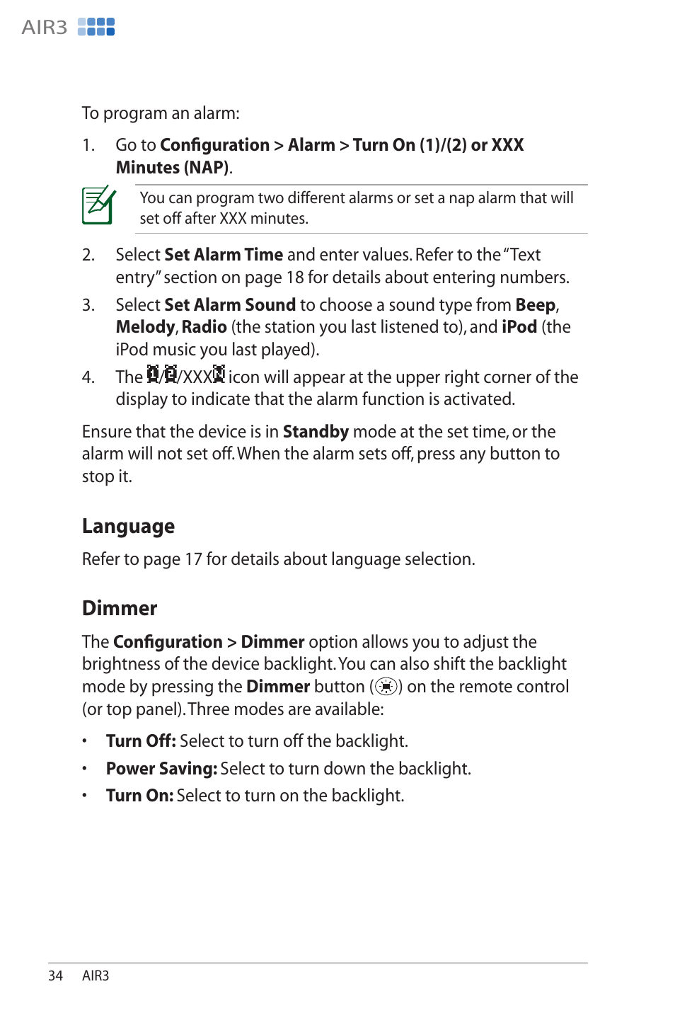 Language, Dimmer, Language dimmer | Asus AIR3 User Manual | Page 34 / 38