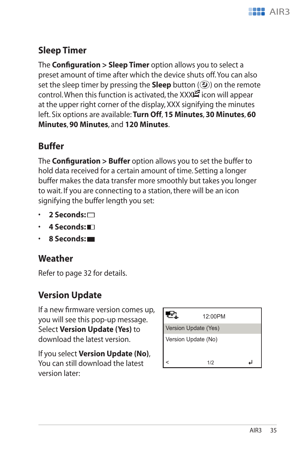 Sleep timer, Buffer, Weather | Version update, Sleep.timer buffer weather version.update, Sleep.timer, Version.update, Air3 | Asus AIR3 User Manual | Page 35 / 38