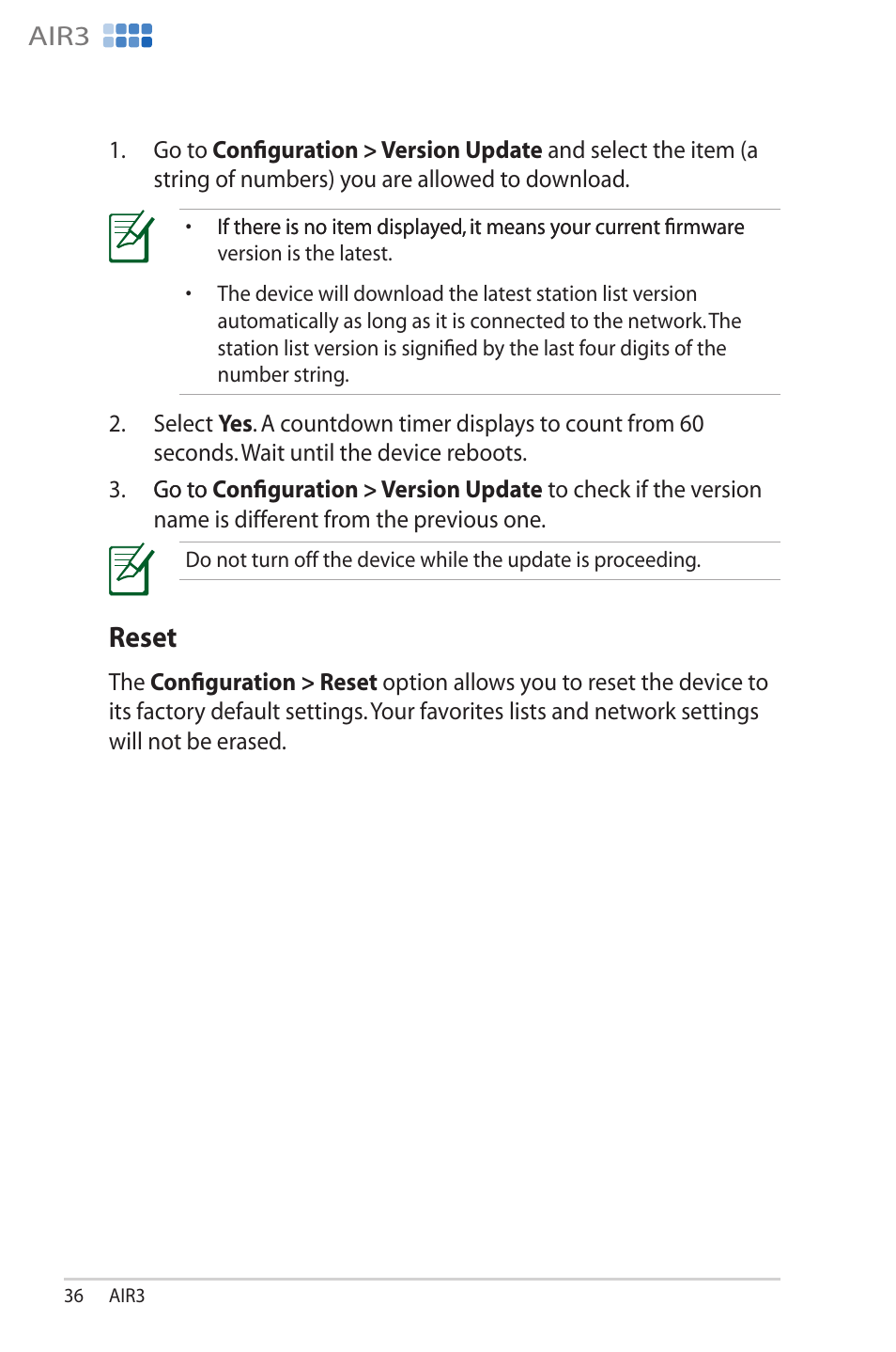 Reset, Air3 | Asus AIR3 User Manual | Page 36 / 38