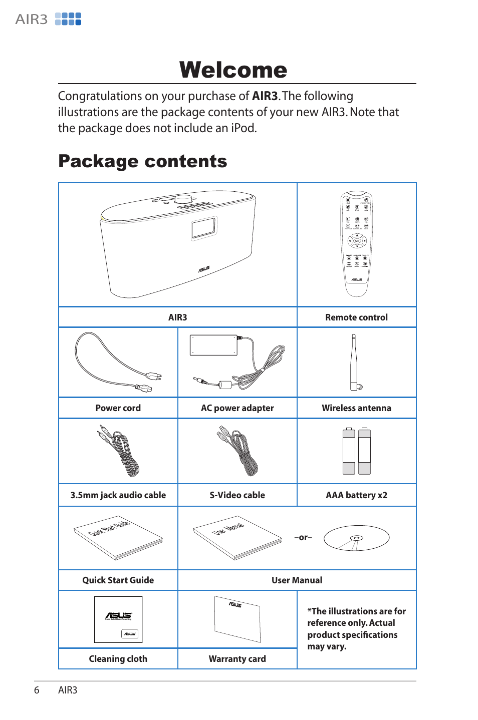 Welcome, Package contents, Package.contents | Ackage con�en�s, Air3 | Asus AIR3 User Manual | Page 6 / 38