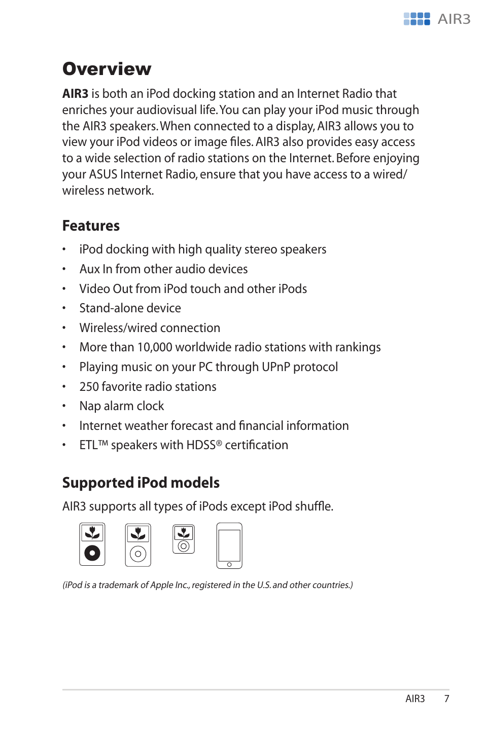 Overview, Features, Supported ipod models | Features supported.ipod.models, Overv�e, Supported.ipod.models | Asus AIR3 User Manual | Page 7 / 38