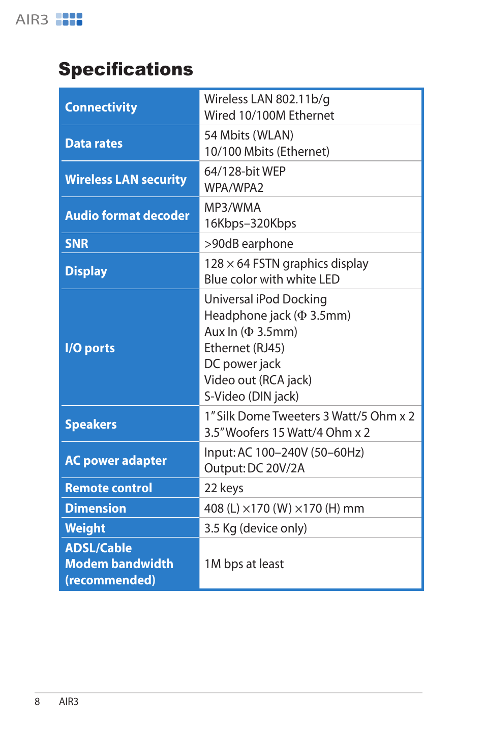 Specifications | Asus AIR3 User Manual | Page 8 / 38