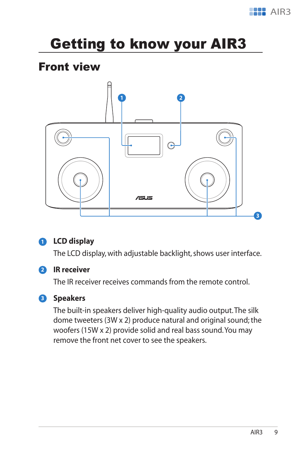 Getting to know your air3, Front view, Getting.to.know.your.air3 | Front.view, Ge���ng �o kno� your air3, Fron� v�e, Air3 | Asus AIR3 User Manual | Page 9 / 38
