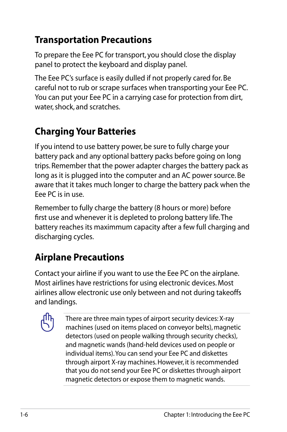 Transportation precautions, Charging your batteries, Airplane precautions | Asus Eee PC S101/Linux User Manual | Page 10 / 72