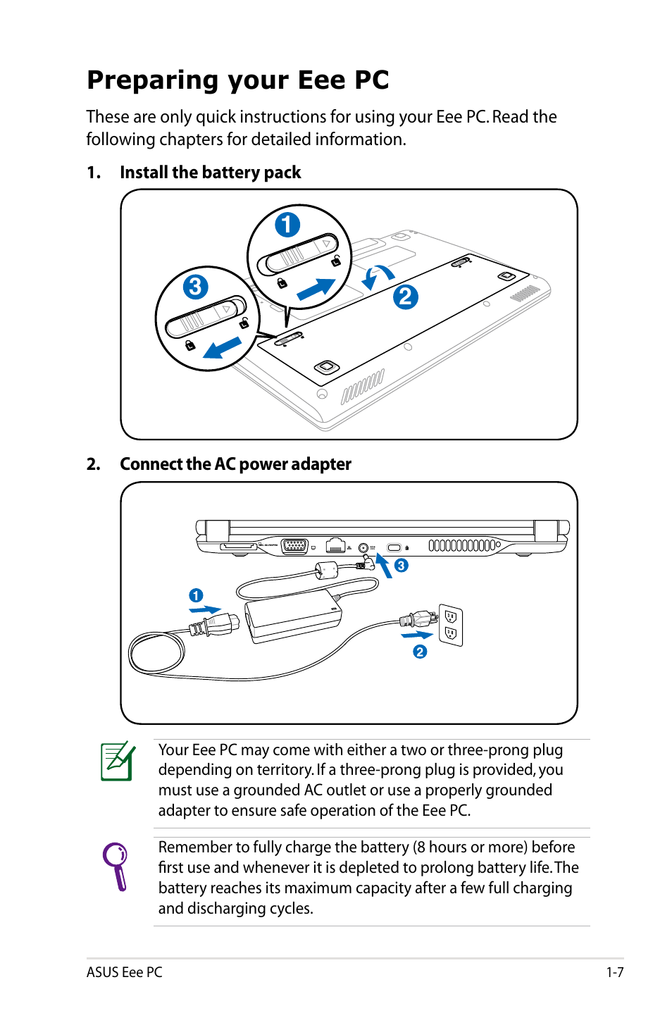 Preparing your eee pc, Preparing your eee pc -7 | Asus Eee PC S101/Linux User Manual | Page 11 / 72