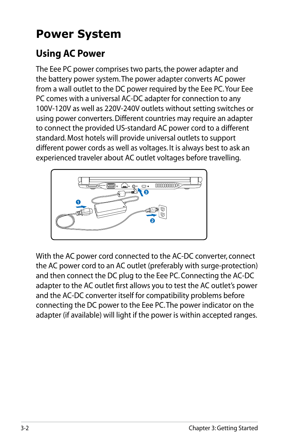 Power system, Using ac power, Power system -2 | Using ac power -2 | Asus Eee PC S101/Linux User Manual | Page 26 / 72