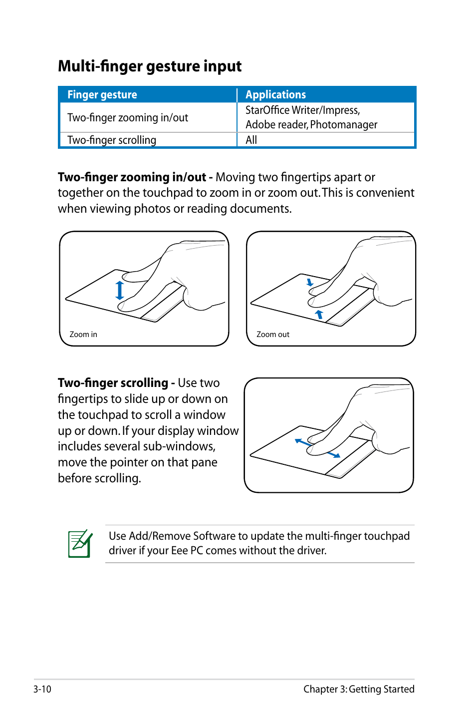 Multi-finger gesture input, Multi-finger gesture input -10 | Asus Eee PC S101/Linux User Manual | Page 34 / 72