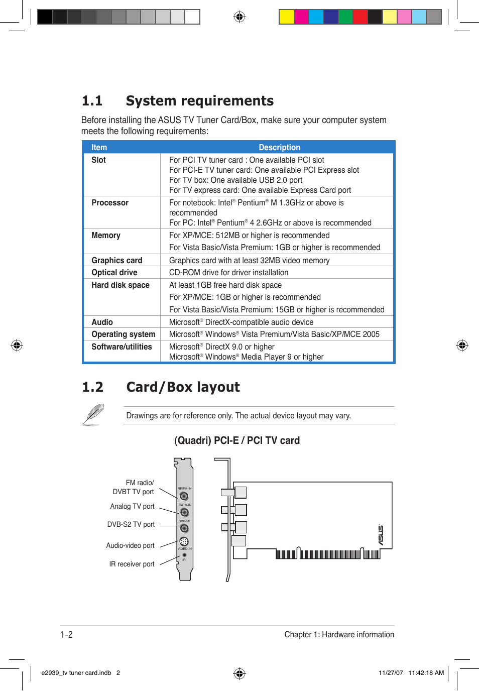 1 system requirements, 2 card/box layout, Quadri) pci-e / pci tv card | Asus My Cinema-U3100Mini/DVBT User Manual | Page 10 / 49