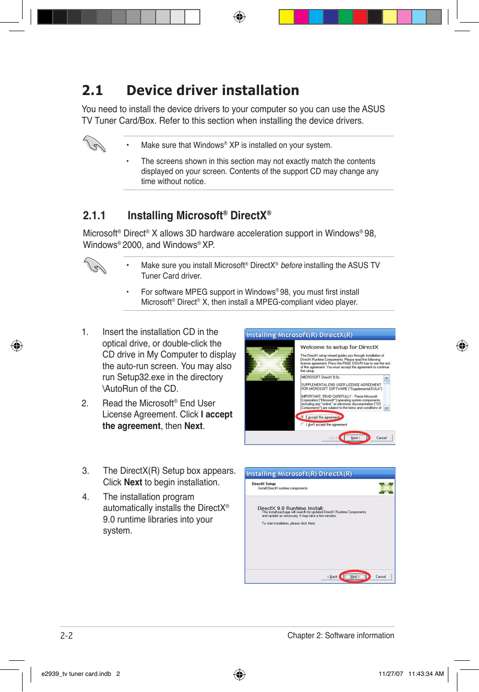 1 device driver installation, 1 installing microsoft, Directx | Asus My Cinema-U3100Mini/DVBT User Manual | Page 28 / 49