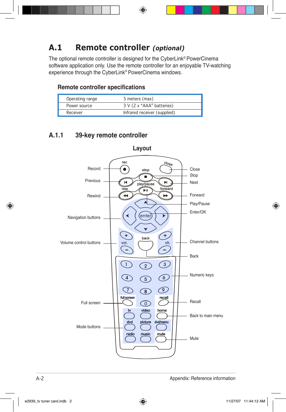 A.1 remote controller, A.1.1 39-key remote controller, Optional) | Layout remote controller specifications | Asus My Cinema-U3100Mini/DVBT User Manual | Page 40 / 49