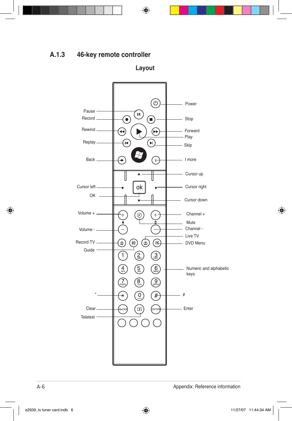 A.1.3 46-key remote controller, Layout | Asus My Cinema-U3100Mini/DVBT User Manual | Page 44 / 49