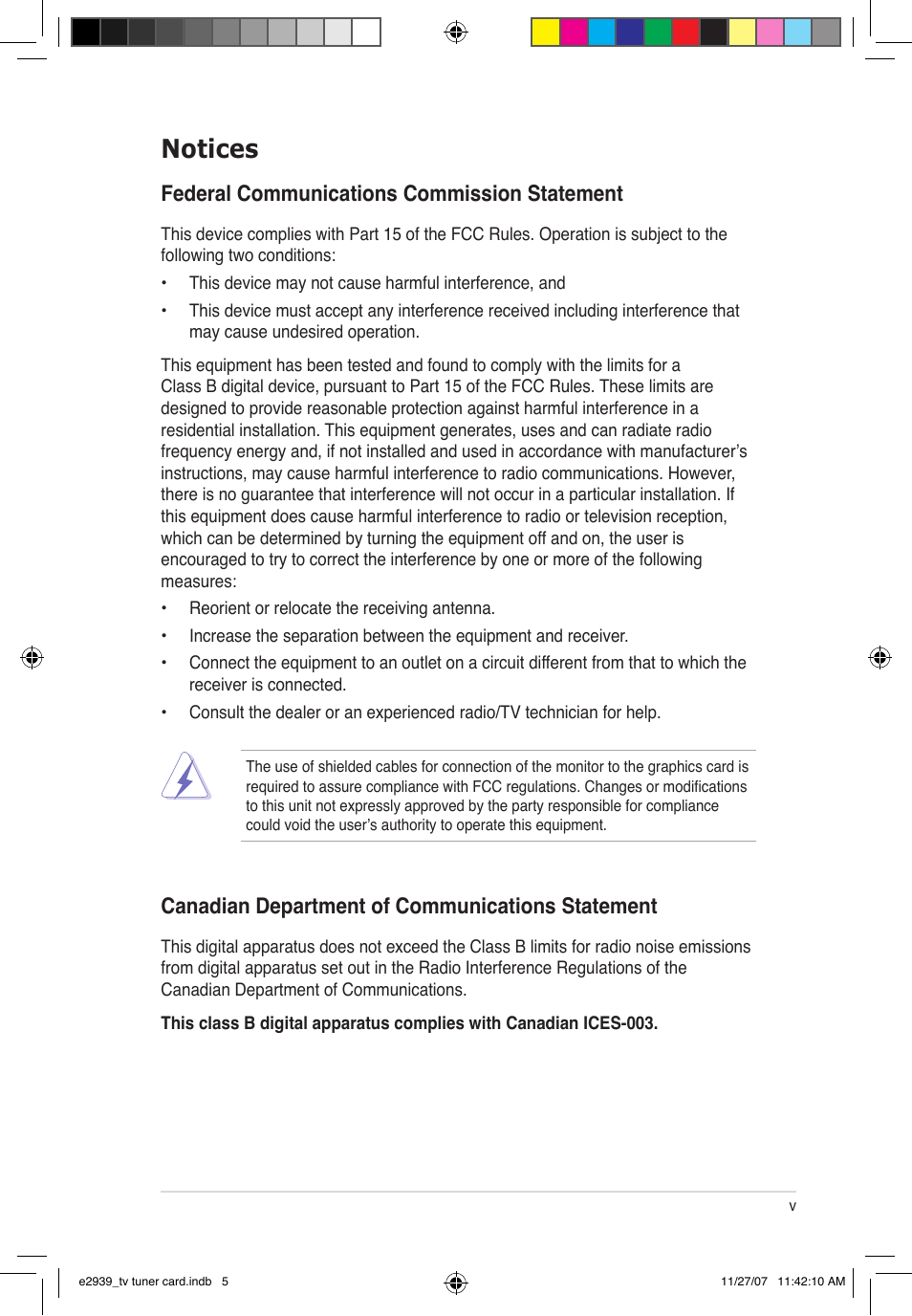 Notices, Federal communications commission statement, Canadian department of communications statement | Asus My Cinema-U3100Mini/DVBT User Manual | Page 5 / 49