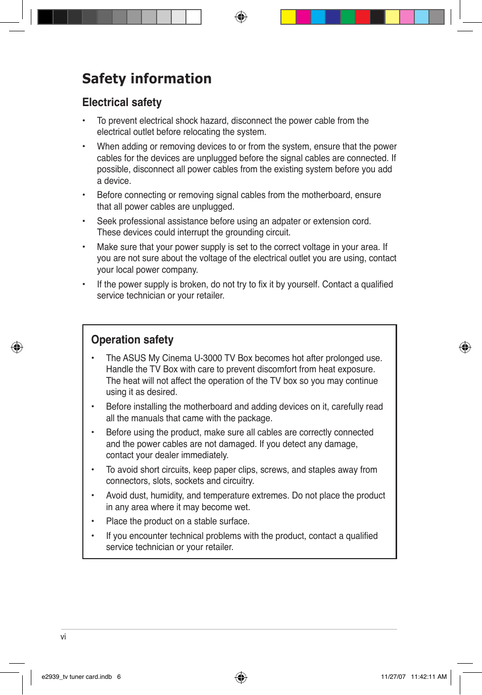 Safety information, Electrical safety, Operation safety | Asus My Cinema-U3100Mini/DVBT User Manual | Page 6 / 49