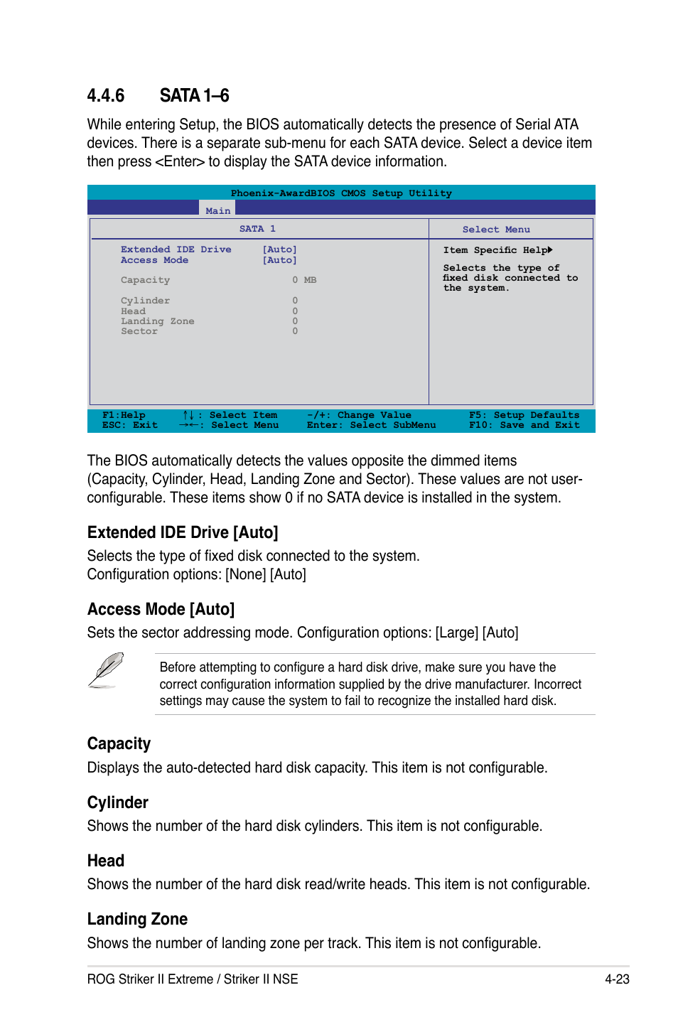 6 sata 1–6, Sata 1–6 -23, Extended ide drive [auto | Access mode [auto, Capacity, Cylinder, Head, Landing zone | Asus Striker II Extreme User Manual | Page 101 / 196